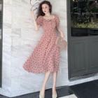 Puff-sleeve Dotted Midi A-line Dress Dotted Dress - Pink - One Size
