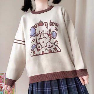 Bear Print Contrast Trim Sweatshirt