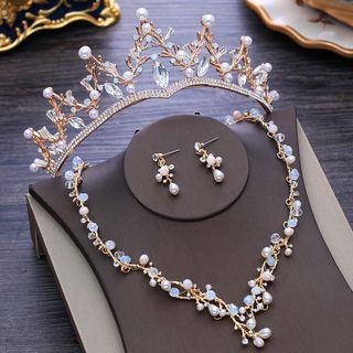 Set: Wedding Faux Pearl Tiara + Necklace + Dangle Earring