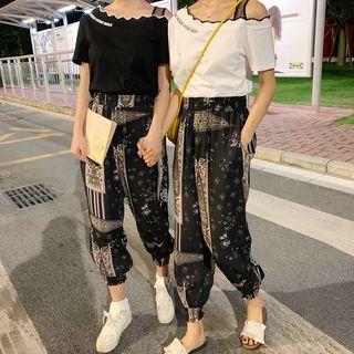 Set: Lettering Off Shoulder T-shirt / Wide-leg Pants