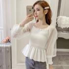 Dotted Panel Lantern-sleeve Peplum Top