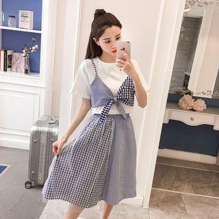 Set: Mock Two-piece Short-sleeve Top + Plaid A-line Skirt