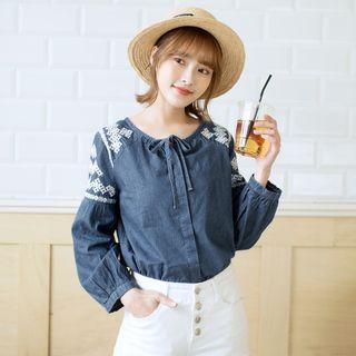 Embroidered Long-sleeve Denim Top