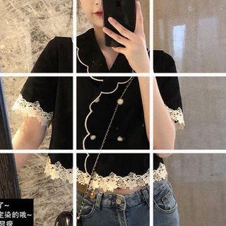 Short-sleeve Lace Trim Double Breasted Blouse