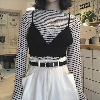 Long-sleeve Striped T-shirt / Spaghetti Strap Top