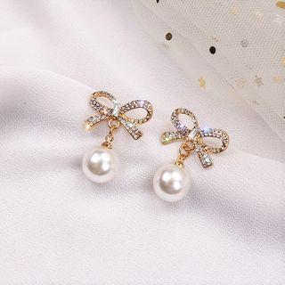 Bow & Faux Pearl Drop Earring 1 Pair - As Shown In Figure - One Size