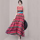 Set: Sleeveless Patterned Midi A-line Dress + Belt