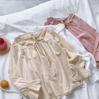 Plain Ruffled-trim Lace-up Flare-sleeve Blouse