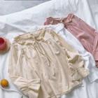 Plain Ruffled-trim Lace-up Flare-sleeve Blouse