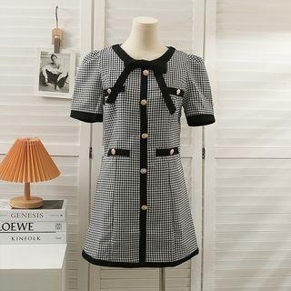 Ribbon-neckline Houndstooth Mini Dress