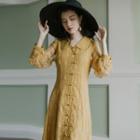 Long-sleeve Frog-button Lace Maxi A-line Dress