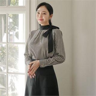 Tie-neck Plaid Blouse Black - One Size