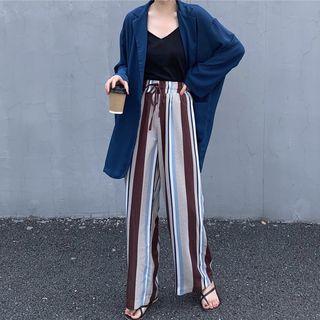 Long Blazer / Striped Wide-leg Pants