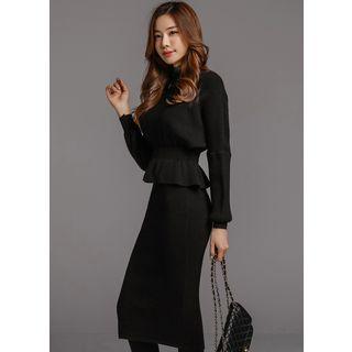 Set: Balloon-sleeve Peplum Rib-knit Top + Midi Skirt