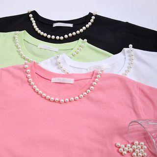 Round-neck Faux-pearl Cotton T-shirt