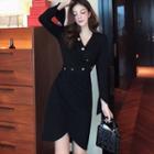 Long-sleeve V-neck A-line Dress Black - One Size