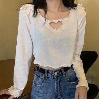 Long-sleeve Heart Cutout Frill Trim T-shirt