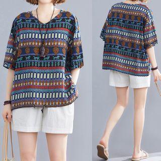 Patterned Elbow-sleeve Blouse Purplish Blue - One Size
