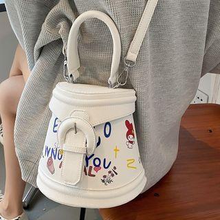 Buckled Lettering Print Bucket Bag