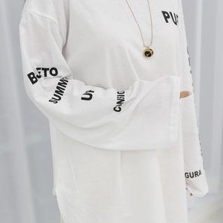 Letter-printed Slit-side Long T-shirt