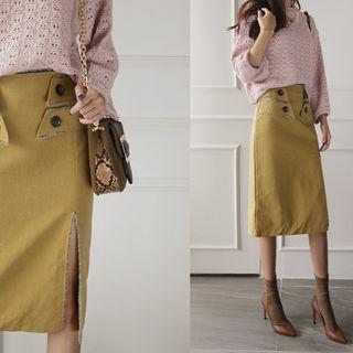 Button-detail Slit-side Midi Skirt