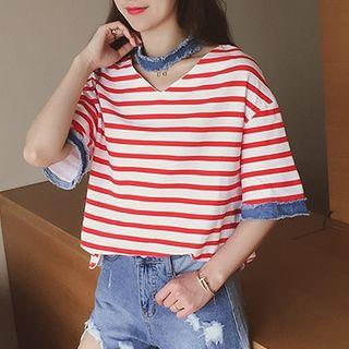 Stripe Short-sleeve V-neck T-shirt