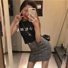 Chinese Character Embroidered Tank Top / Sequined Fitted Skirt