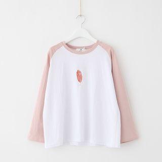 Long-sleeve Leaf Embroidered Raglan T-shirt