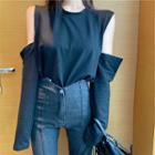 Long-sleeve Cutout Plain Tee / Asymmetric Slim Fit Jeans