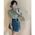 Puff-sleeve Qipao Top / Frog-button Denim Mini Skirt