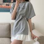 Elbow-sleeve Lettering T-shirt / Plain Mini Skirt