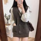 Long-sleeve Dotted Blouse / Knit Vest / Mini A-line Skirt / Set