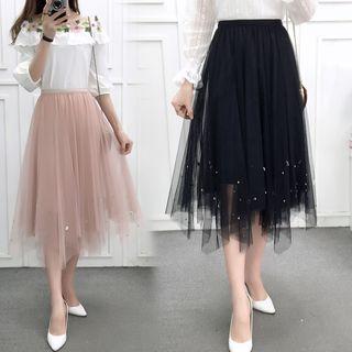 Sheer Panel Beaded A-line Midi Skirt