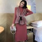 Mock Neck Side Slit Knit Dress / Furry Vest / Set