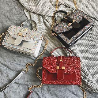 Sequined Faux Leather Satchel Bag