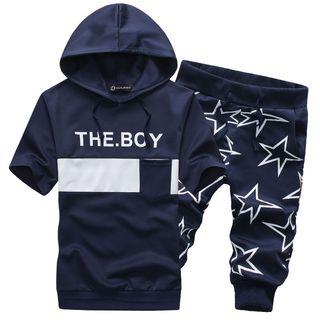 Set : Letter Short-sleeve Hoodie + Star Printed Shorts