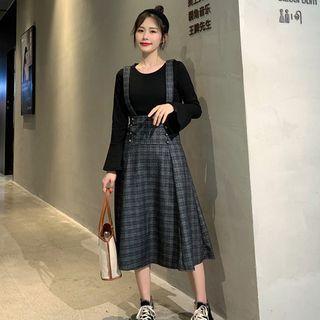 Set: Knit Top + Plaid Suspender Skirt