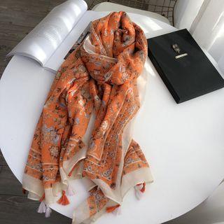 Tassel Printed Linen Shawl Orange - One Size