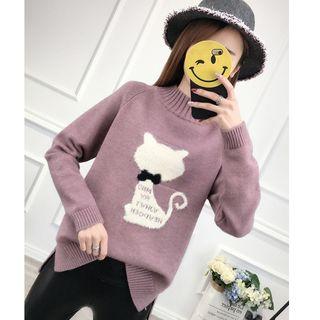 Mock Turtleneck Cat Print Sweater
