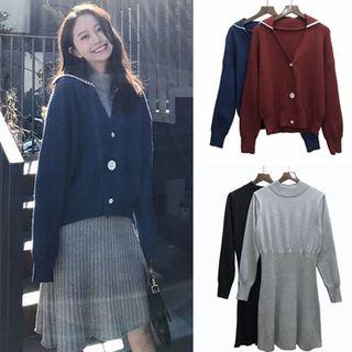 Set: Long-sleeve Turtleneck Knit Dress + V-neck Cardigan