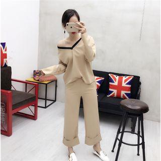 Set: V-neck Long-sleeve Top + Wide Leg Pants