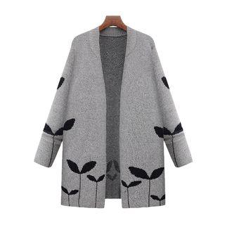 Leaf Print Open-front Knit Coat
