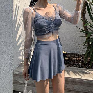 Set: Plain Bikini Top + Swim Shorts + Skirt + Mesh Cover-up Top