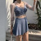 Set: Plain Bikini Top + Swim Shorts + Skirt + Mesh Cover-up Top