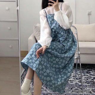 Long-sleeve Blouse / Floral Print Midi A-line Overall Dress / Set