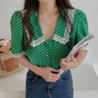 V-neck Lace-trim Puff-sleeve Top