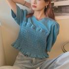 Puff-sleeve Shirred Panel Cropped T-shirt