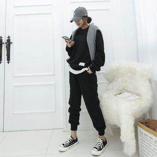 Set: Round-neck Cotton Sweatshirt + Band-waist Pants