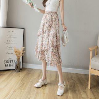Floral Ruffle Trim Midi A-line Skirt Pink - One Size