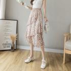 Floral Ruffle Trim Midi A-line Skirt Pink - One Size